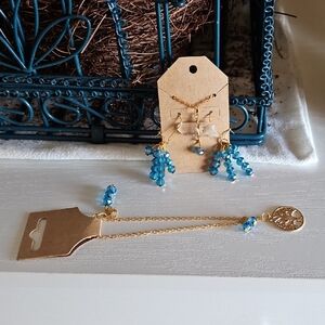 Gold Tree of Life Necklace and Blue Bead Drop Earrings Set